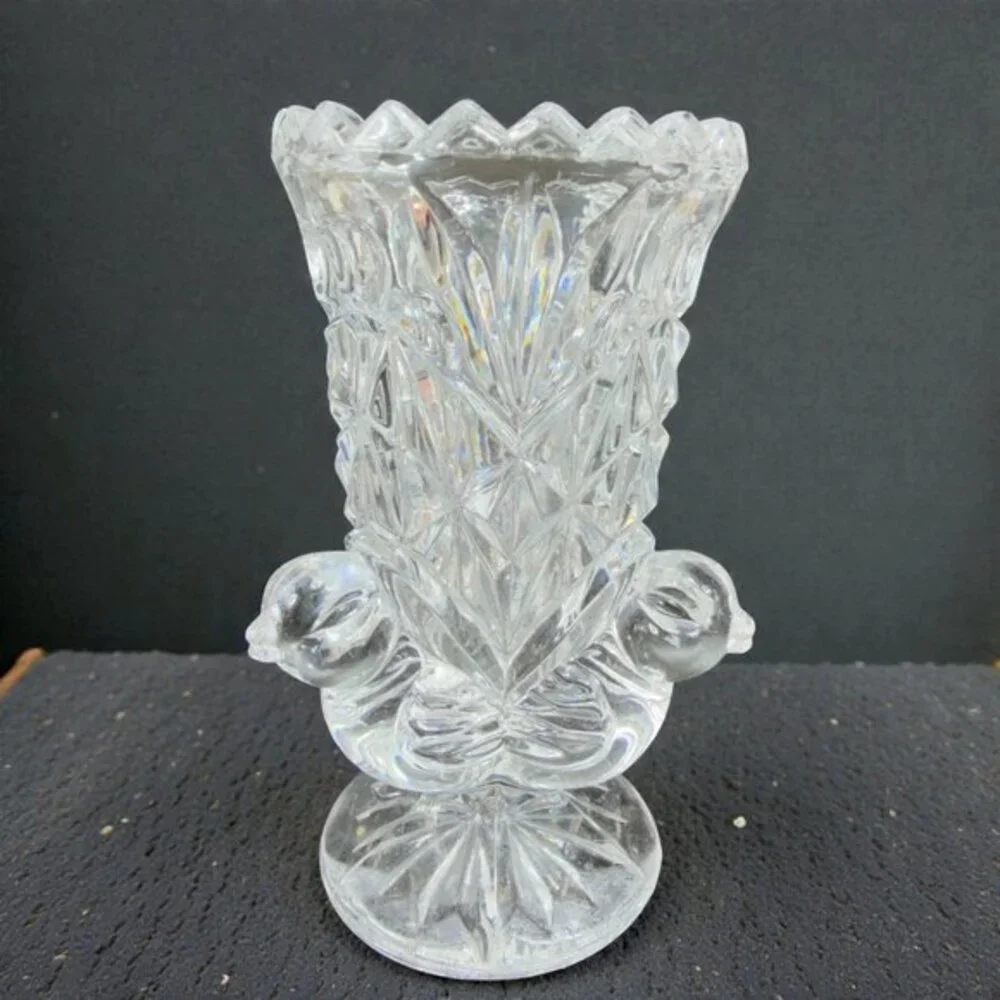 Vintage Hofbauer Clear Lead Crystal Bird‎ Mini Vase Toothpick Holder Birds VTG